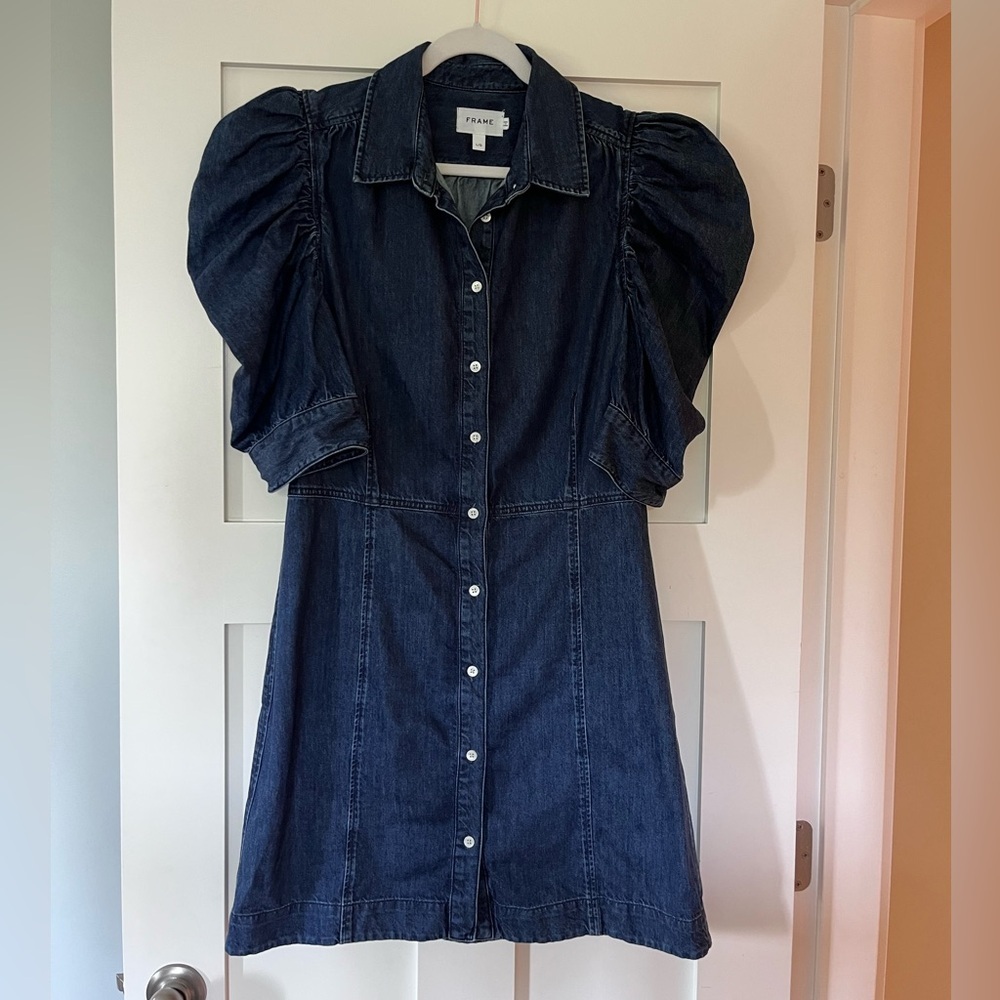 Frame Denim Dark Blue Puff-Sleeve Mini Shirt Dress - Picture 9 of 12